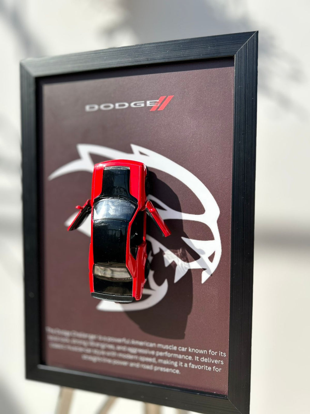 Dodge Challenger – 1:38 Scale Diecast Muscle Car in a Beast-Style Wooden Frame
