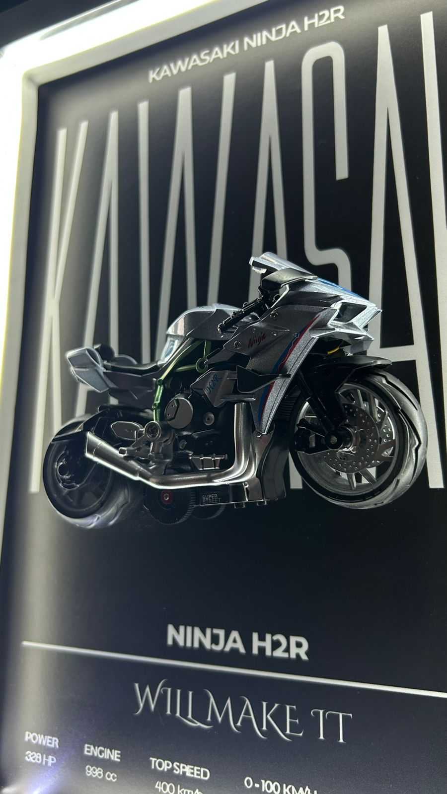 Kawasaki Ninja H2 – 1:12 Scale Premium Diecast Model in a Neon-Lit Shadow Frame- Black & White - Ninji H2 Frame World Wide Delivery