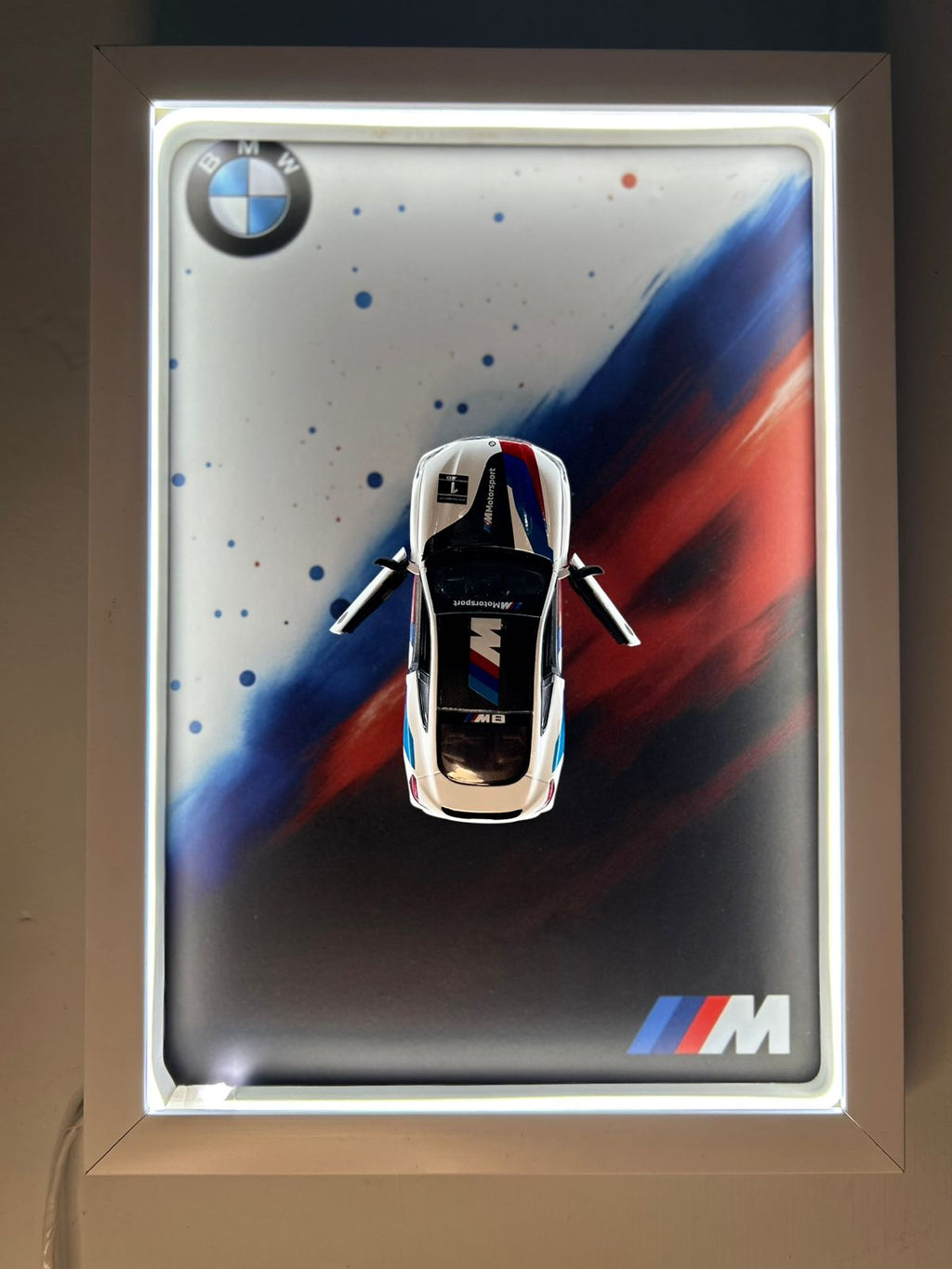 BMW M8 Coupe – 1:38 Licensed Scale Model in a White Neon Shadow Frame