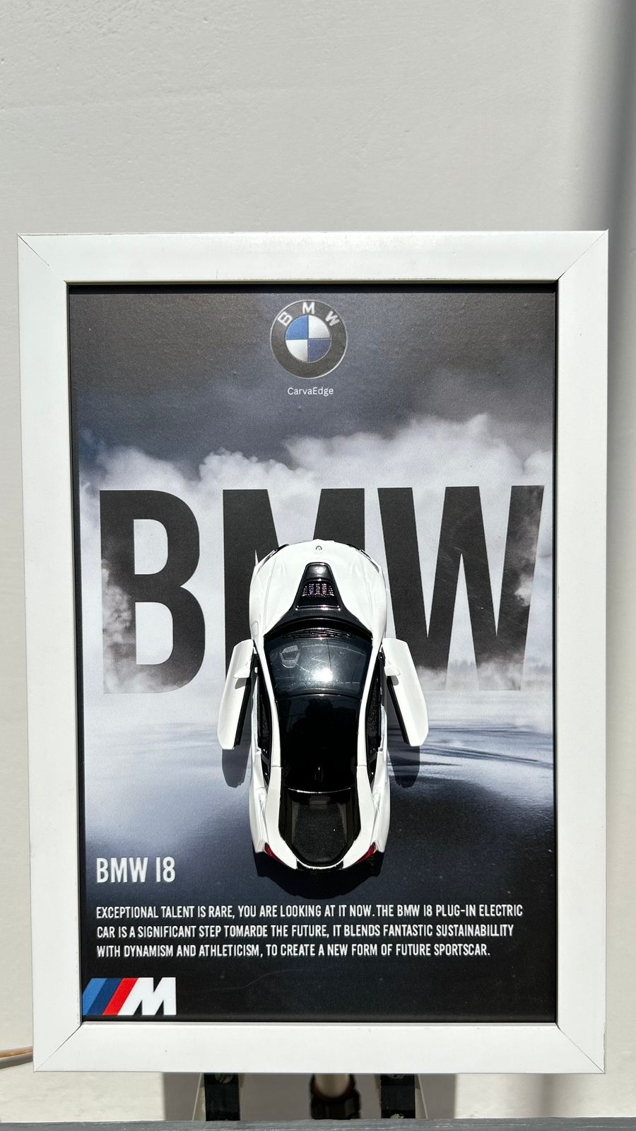 White BMW i8 – 5" Diecast With White Imported Frame (8×12”) CarvaEdge — 5" BMW i8 Diecast Open-Display Frame (White Edition)