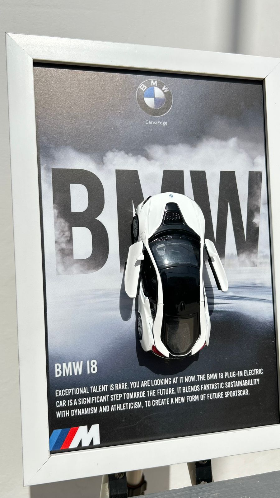 White BMW i8 – 5" Diecast With White Imported Frame (8×12”) CarvaEdge — 5" BMW i8 Diecast Open-Display Frame (White Edition)