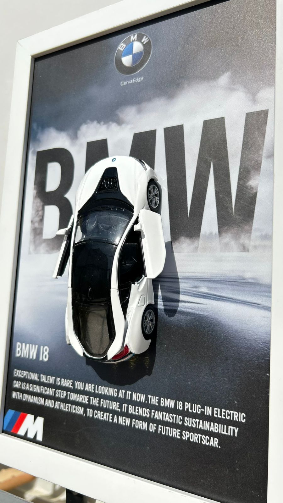 White BMW i8 – 5" Diecast With White Imported Frame (8×12”) CarvaEdge — 5" BMW i8 Diecast Open-Display Frame (White Edition)