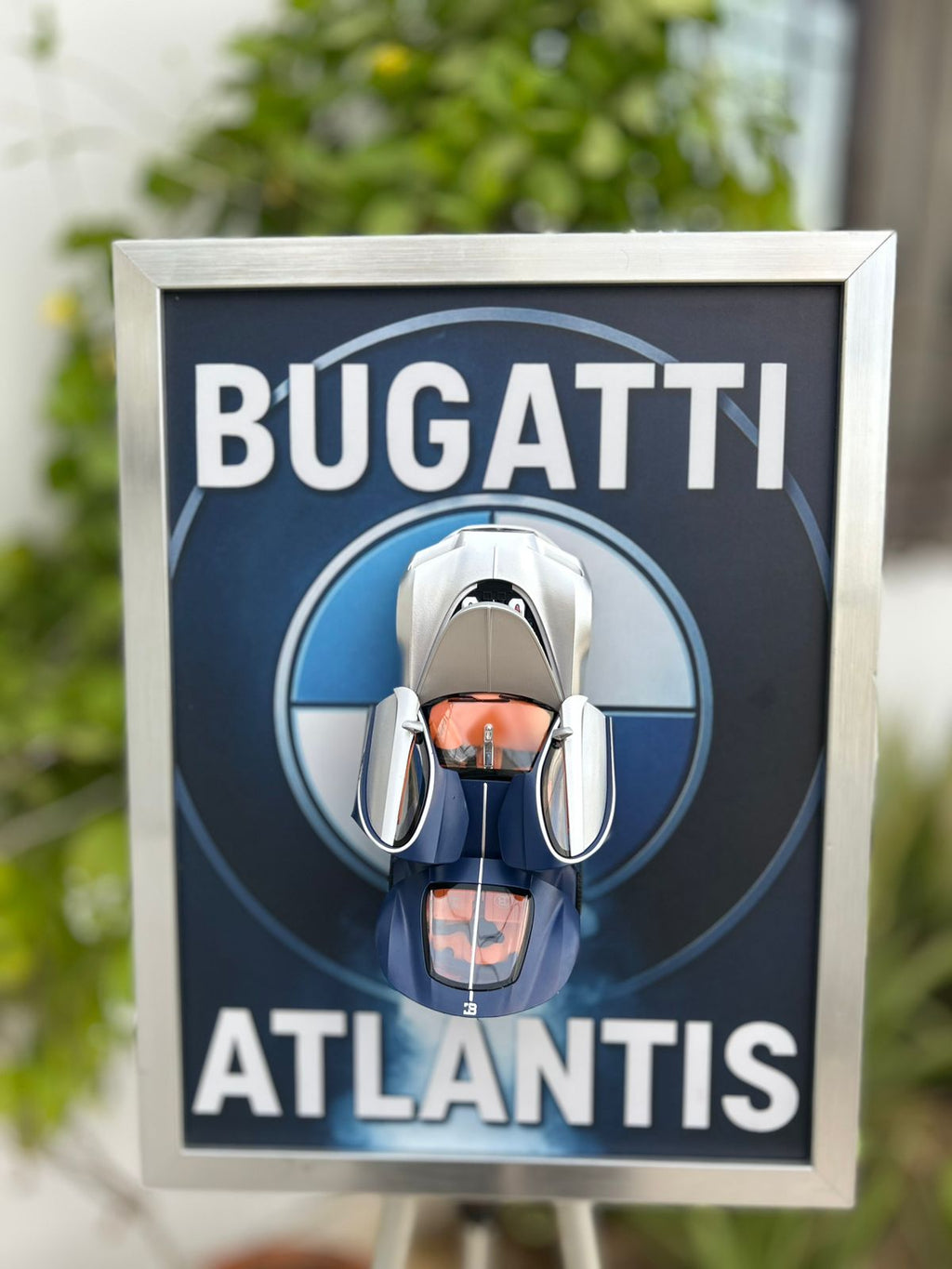 Bugatti Atlantis 8” Diecast Model with Smoke Effect – Premium Mounted Frame - White & Blue With Some Effect - World Wide Delivery