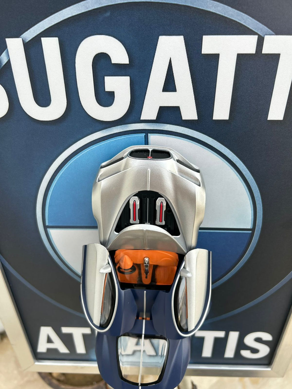 Bugatti Atlantis 8” Diecast Model with Smoke Effect – Premium Mounted Frame - White & Blue With Some Effect - World Wide Delivery