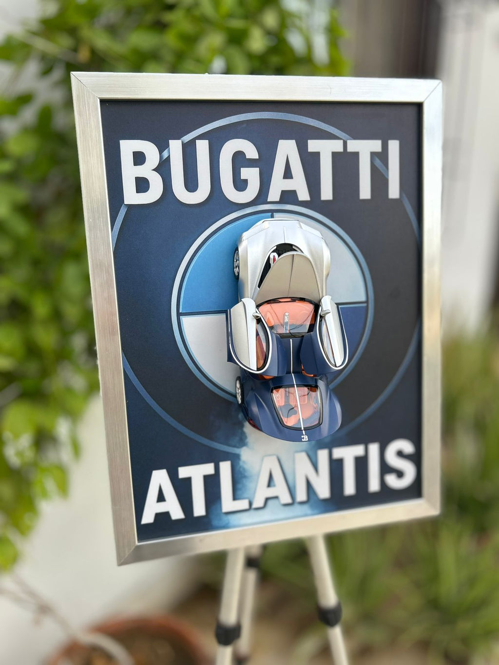 Bugatti Atlantis 8” Diecast Model with Smoke Effect – Premium Mounted Frame - White & Blue With Some Effect - World Wide Delivery