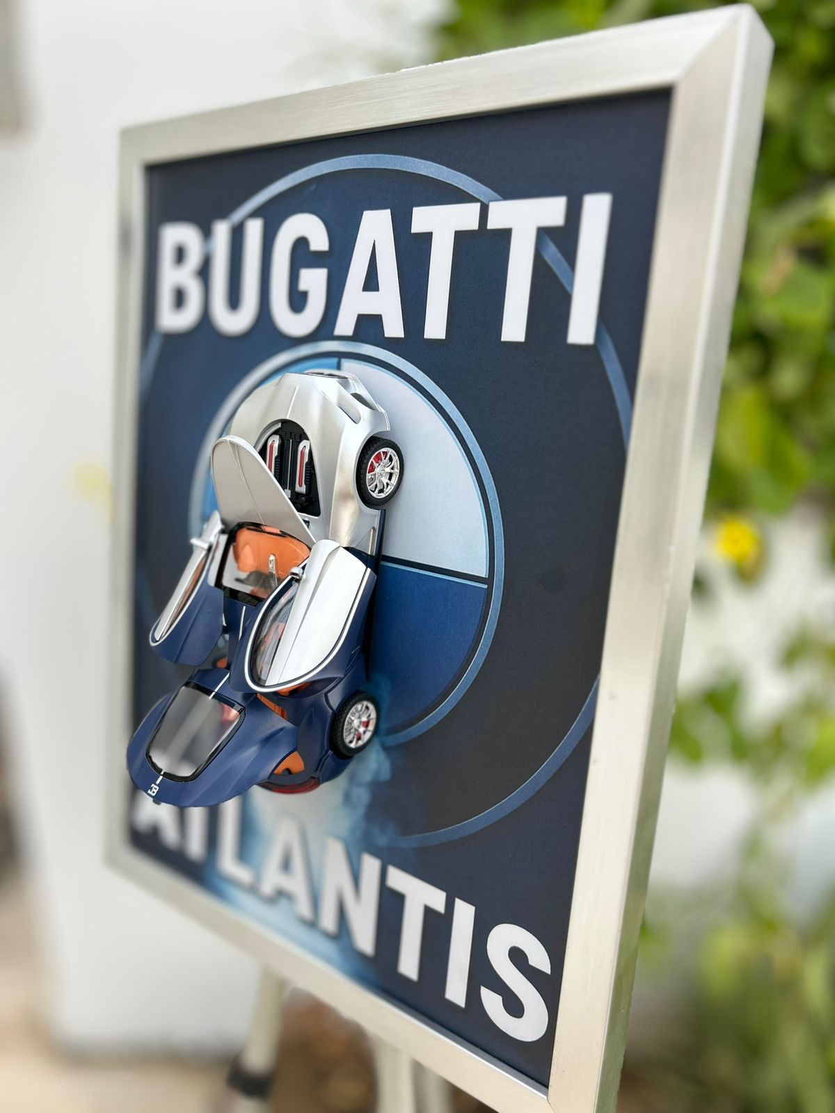 Bugatti Atlantis 8” Diecast Model with Smoke Effect – Premium Mounted Frame - White & Blue With Some Effect - World Wide Delivery
