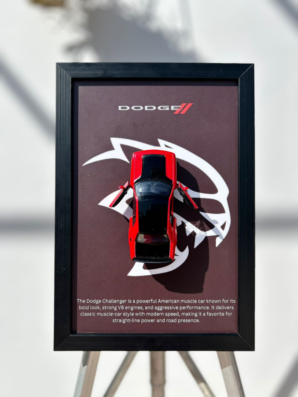 Dodge Challenger – 1:38 Scale Diecast Muscle Car in a Beast-Style Wooden Frame