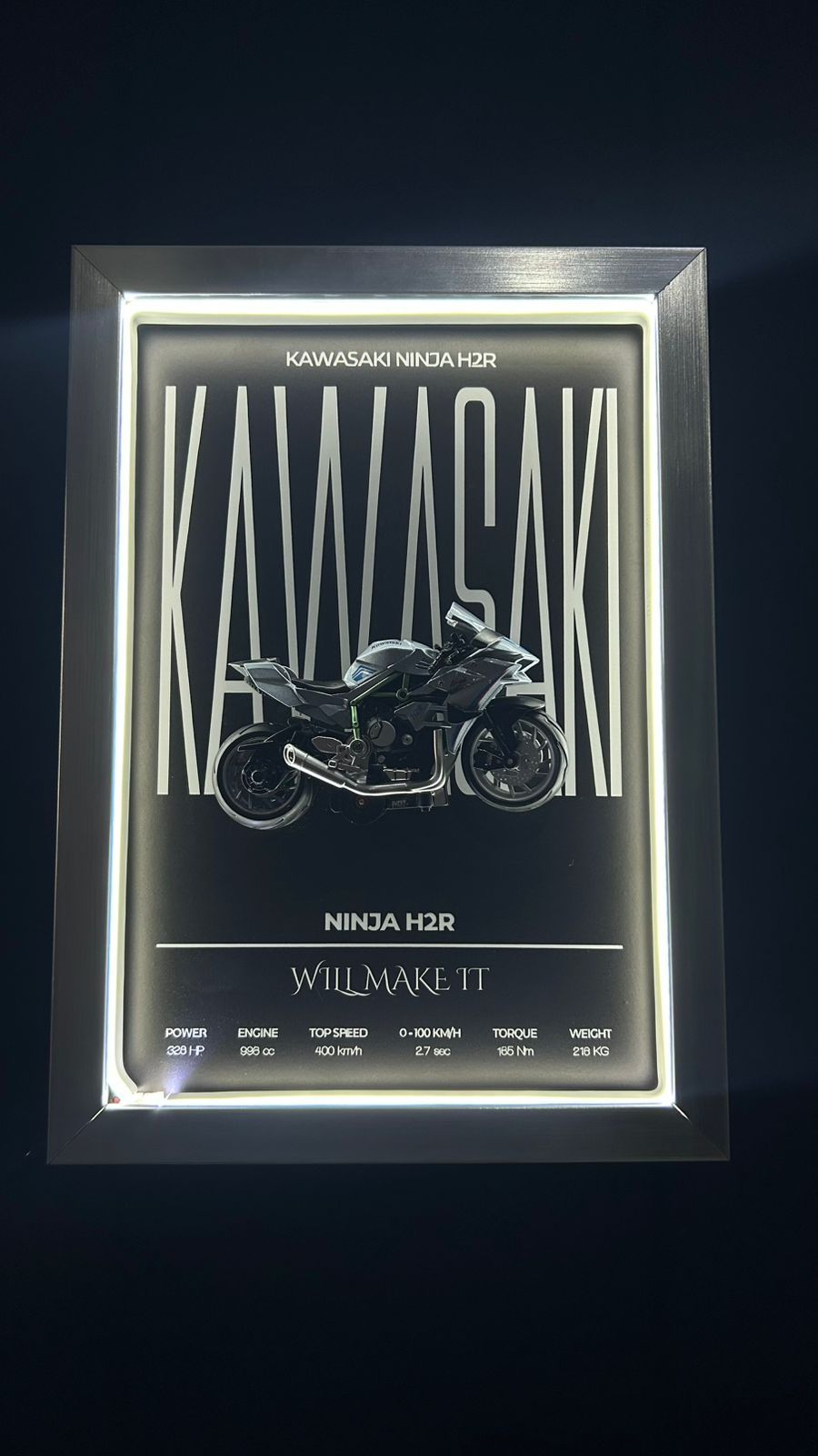 Kawasaki Ninja H2 – 1:12 Scale Premium Diecast Model in a Neon-Lit Shadow Frame- Black & White - Ninji H2 Frame World Wide Delivery