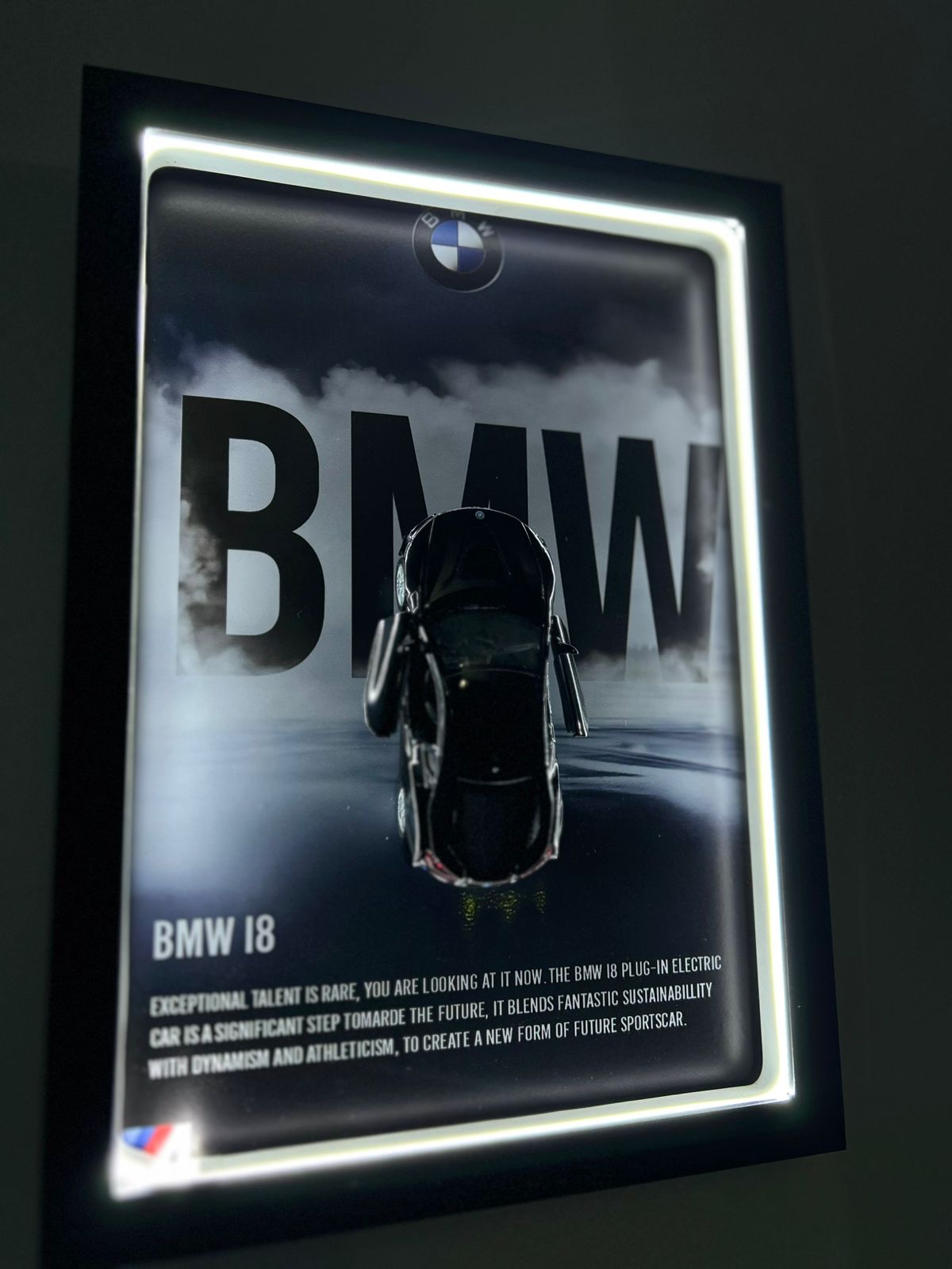 BMW i8 – 1:36 Scale Model in 10×14″ Shadow Frame with White Neon Lights