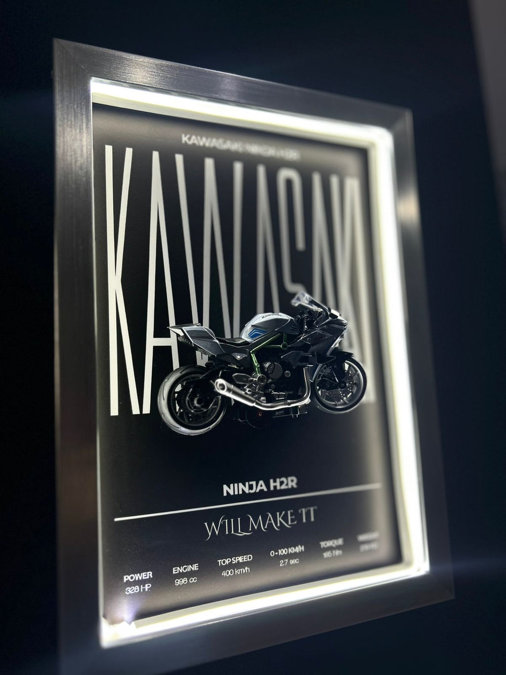Kawasaki Ninja H2 – 1:12 Scale Premium Diecast Model in a Neon-Lit Shadow Frame- Black & White - Ninji H2 Frame World Wide Delivery